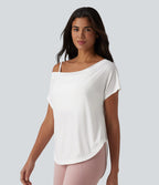 Top de yoga à une épaule, manches courtes, ourlet asymétrique et soutien-gorge intégré à séchage rapide
