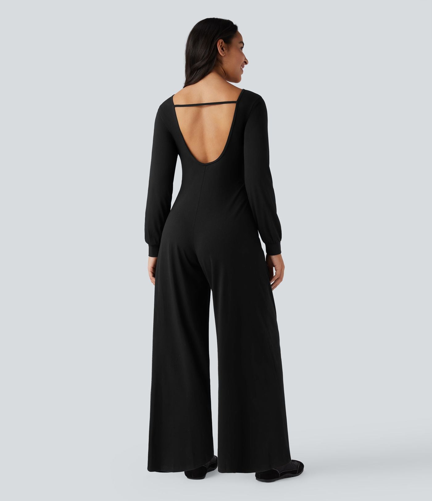 Combinaison-pantalon ample décontractée dos nu col rond à manches longues avec poches