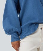 Pull casual col V épaules tombantes manches longues avec fentes