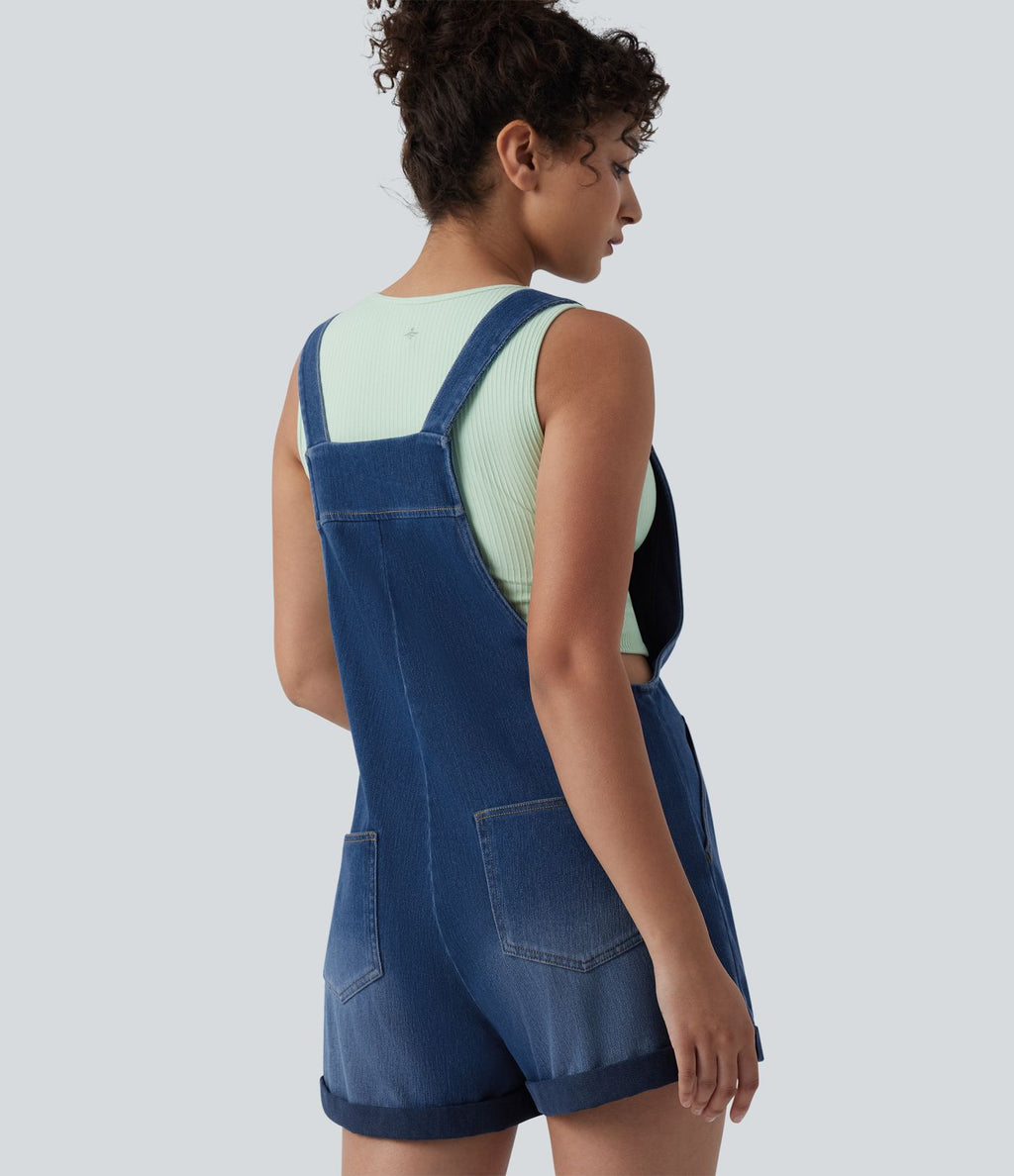 Halara Flex™ Salopette courte en denim encolure carrée ourlet retroussé avec poches