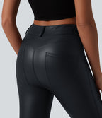 Legging corsaire casual taille haute extensible en simili cuir avec poches