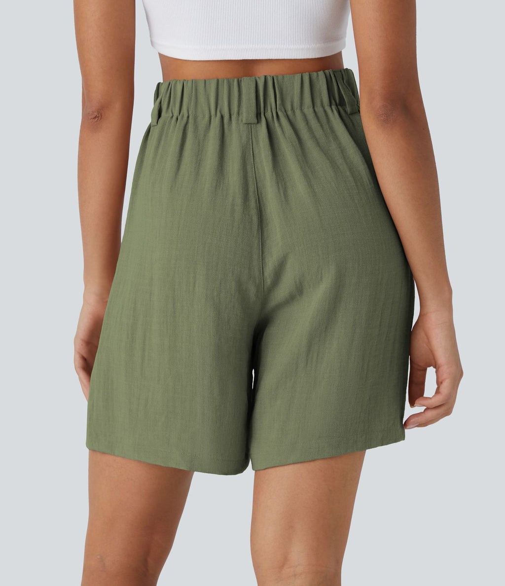 Bermuda Large Fluide Taille Haute avec Plis et Poches Latérales en Lin Synthétique