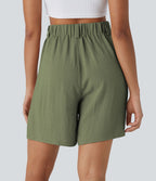 Bermuda Large Fluide Taille Haute avec Plis et Poches Latérales en Lin Synthétique