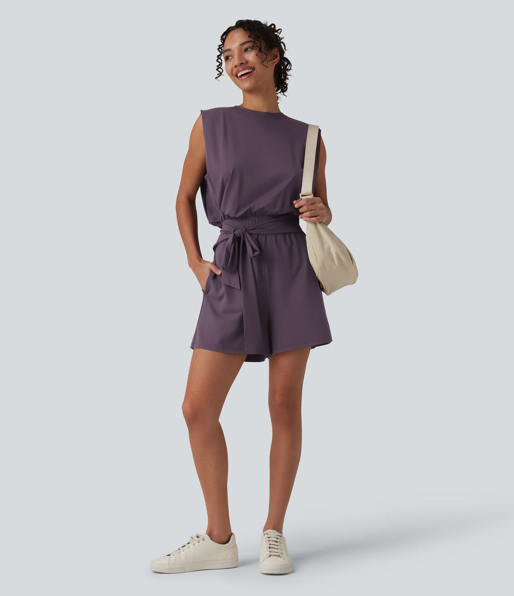 Combishort décontracté col rond sans manches effet frais InstantCool avec nœud frontal et poches, accès facile Easy Peasy, protection solaire UPF50+
