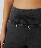 Halara Flex™ Jean Casual Taille Haute avec Cordon de Serrage et Poches Latérales en Tricot Extensible Lavé