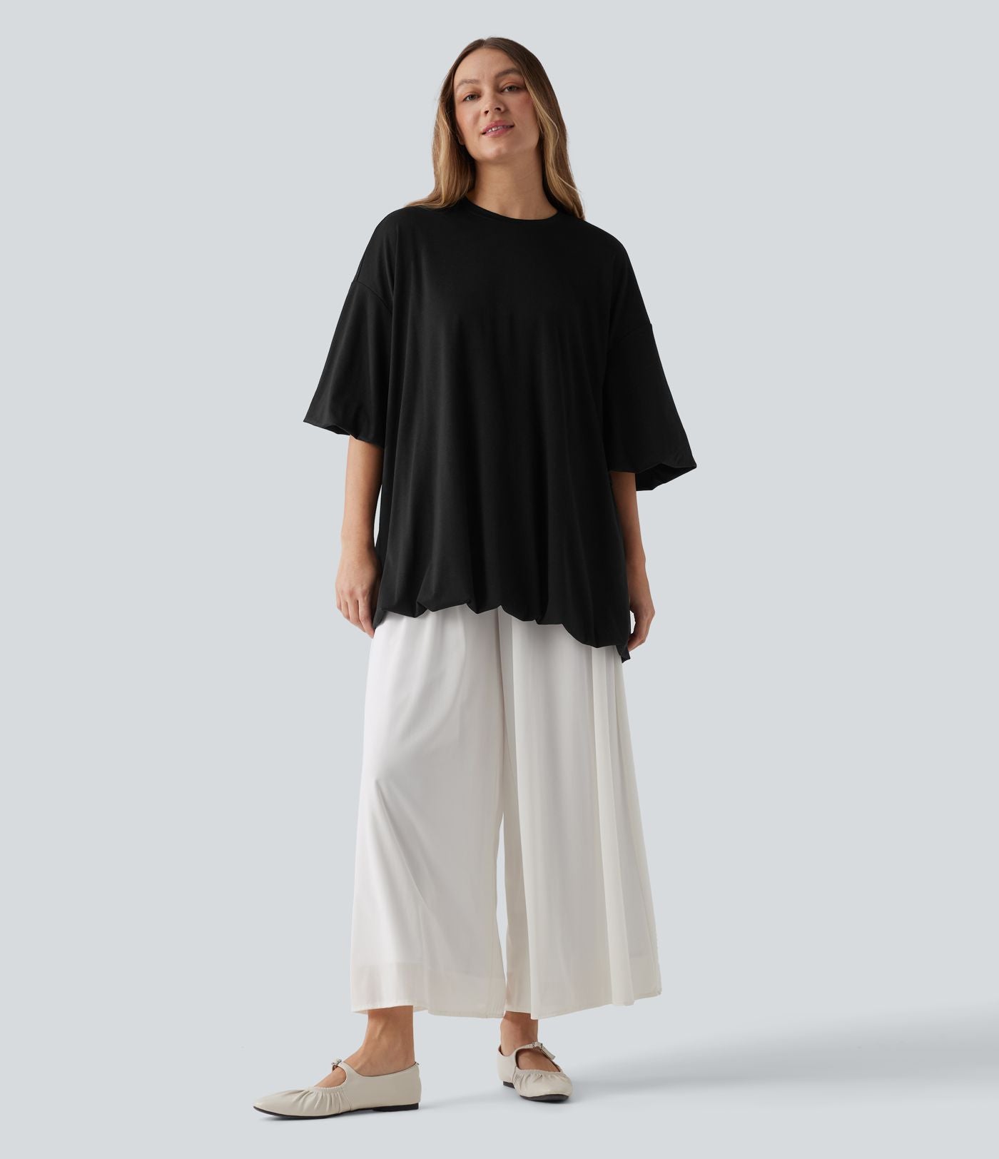 Top casual oversize col rond à manches mi-longues et ourlet boule