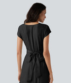 Robe midi casual fluide en mélange de lin col V à manches courtes avec dos noué et poches
