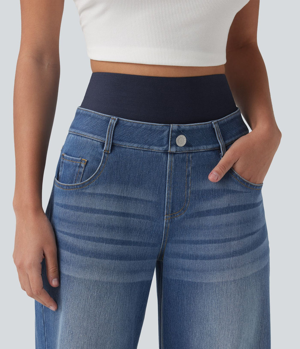 Jean large délavé Halara Flex™ taille haute gainant avec poches