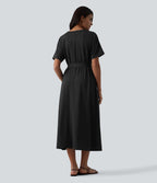 Robe T-shirt casual midi fluide col rond manches courtes avec ceinture et poches