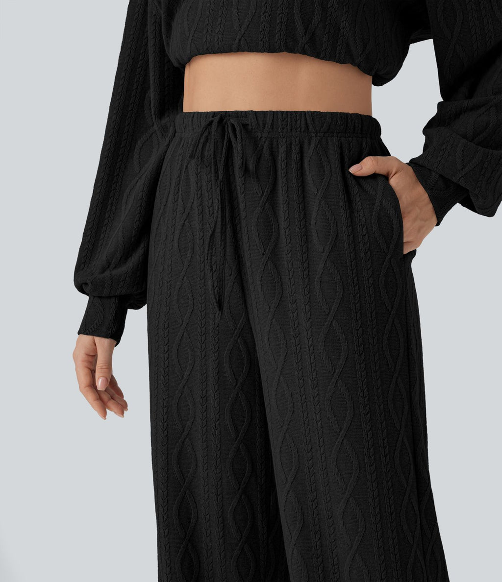Pantalon décontracté taille haute maille torsadée avec cordon de serrage et poches