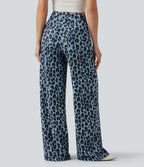 Pantalon large décontracté taille haute gaufré imprimé léopard avec poches