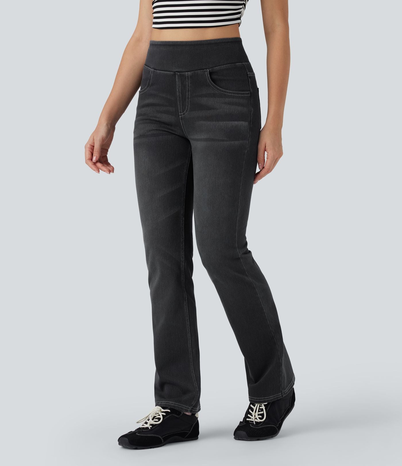 Halara Flex™ Jean évasé casual délavé taille haute gainant avec poches