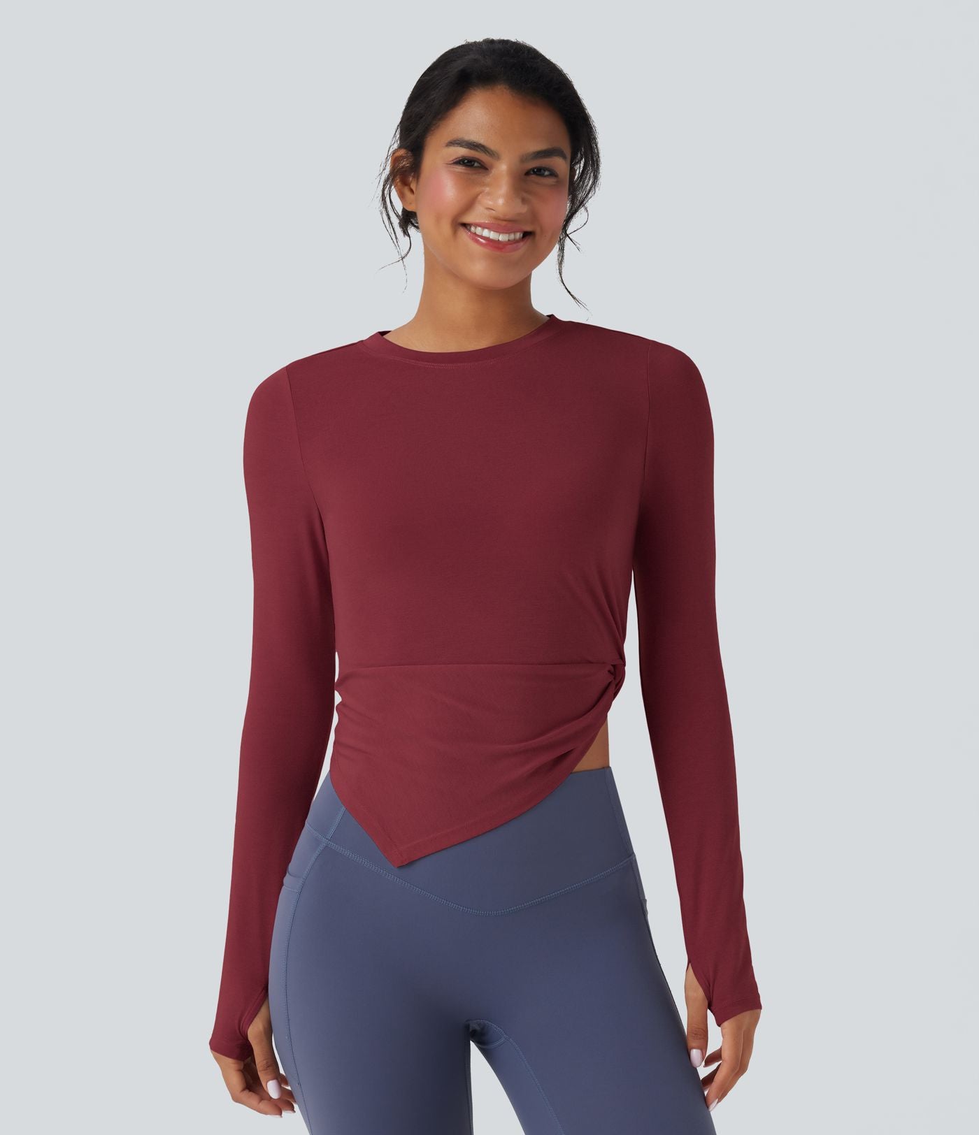 Haut de sport yoga asymétrique séchage rapide manches longues avec trous pouces