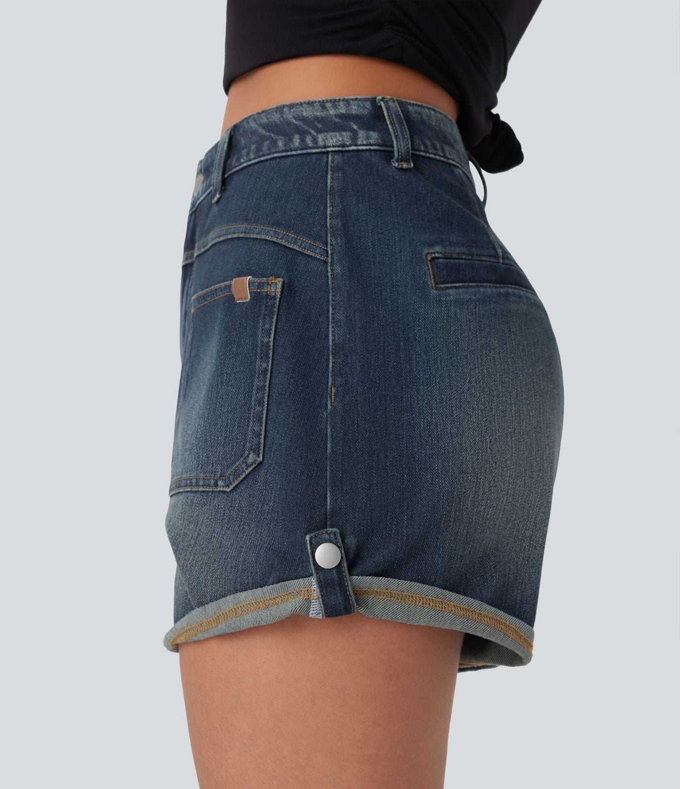 Short décontracté en jean extensible délavé Halara Flex™ taille moyenne avec revers et poches avant