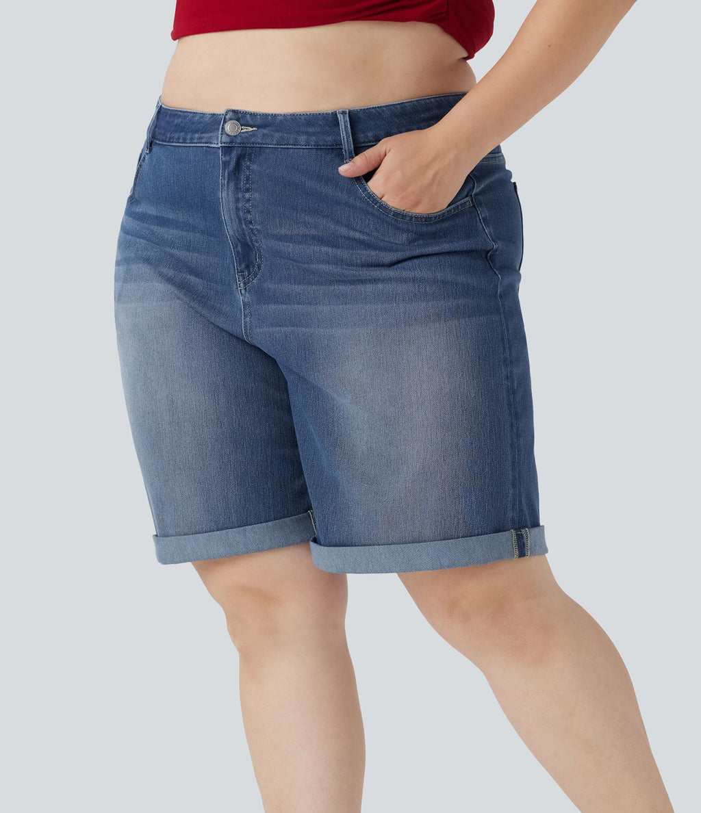 Short bermuda casual denim grande taille Halara Flex™ tricot extensible délavé taille haute multiples poches ourlet roulotté