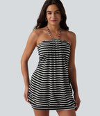 Robe moulante micro-mini à rayures en maille côtelée, dos nu à nouer et soutien-gorge intégré