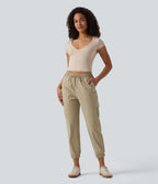 Jogging cargo décontracté popeline extensible taille mi-haute avec cordon de serrage et poches