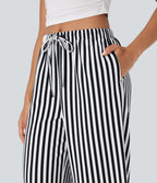 Pantalon de vacances jambes larges taille haute en tissu gaufré à rayures avec cordon de serrage et poches