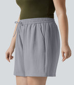 Short casual aspect lin grande taille taille haute avec cordon de serrage et poches