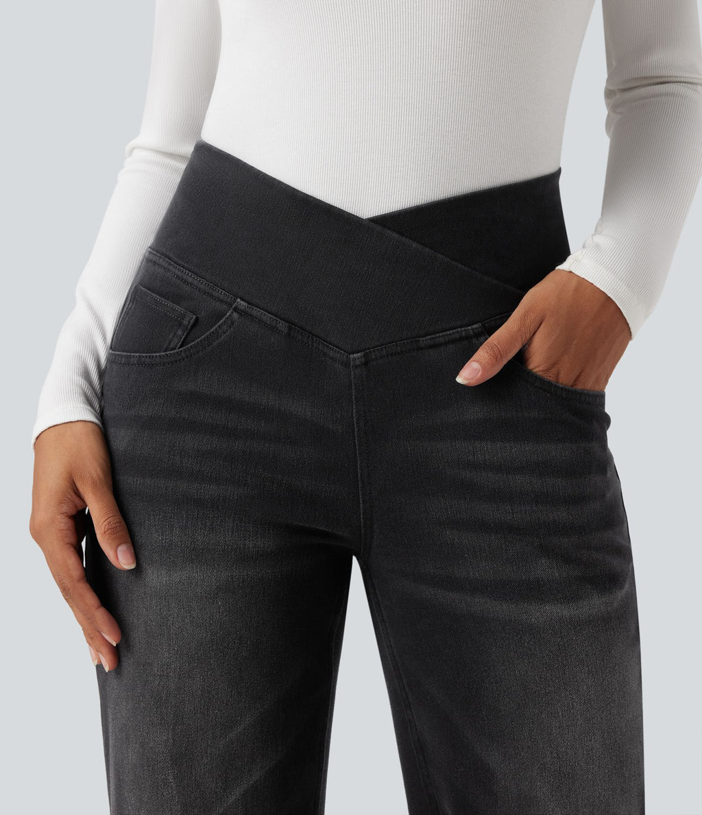 Jean droit décontracté croisé gainant taille haute avec poches Halara Flex™