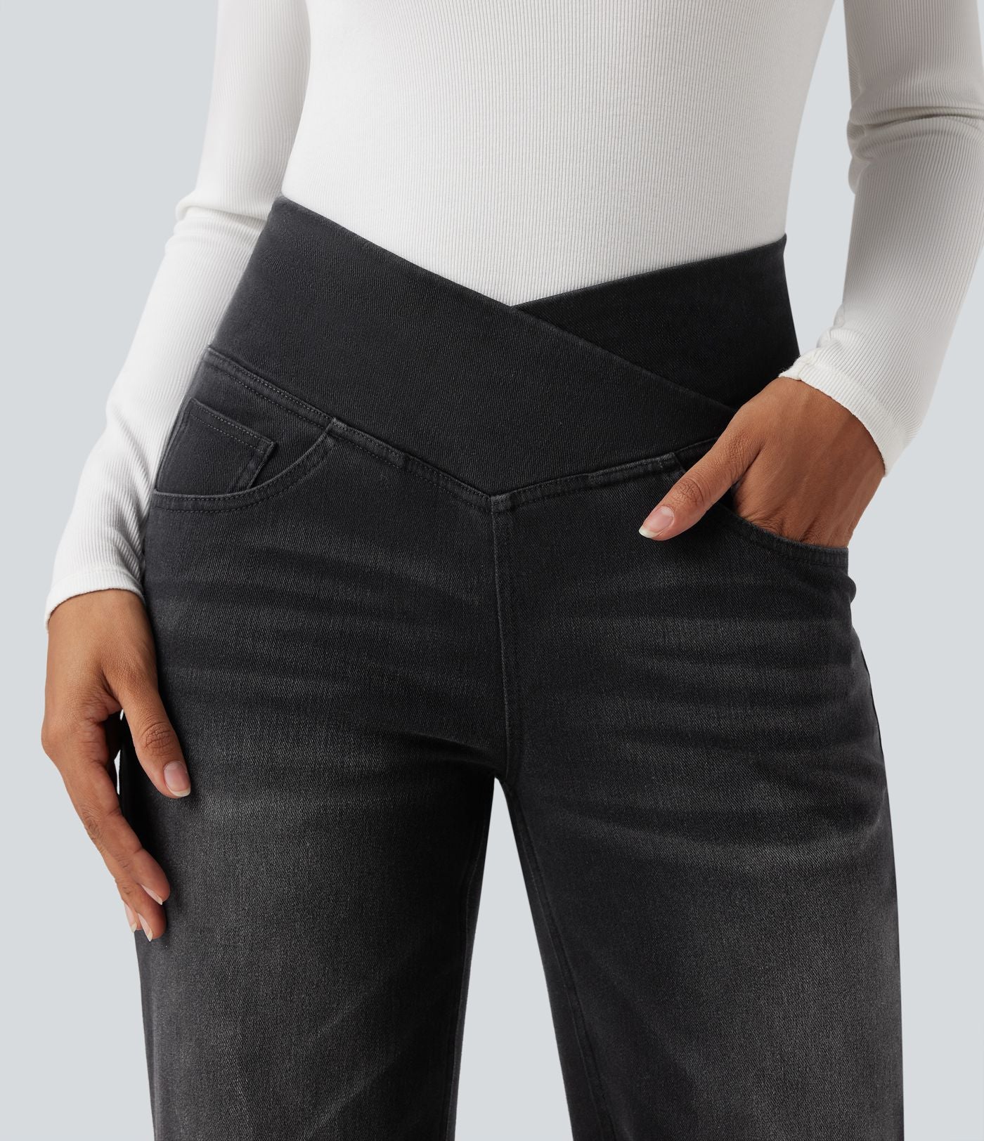 Jean droit décontracté croisé gainant taille haute avec poches Halara Flex™