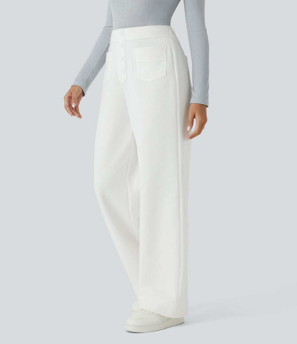Pantalon Jogging en Fleece Thermique Jambe Droite Boutons Taille Haute Plusieurs Poches