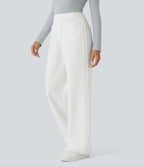 Pantalon Jogging en Fleece Thermique Jambe Droite Boutons Taille Haute Plusieurs Poches