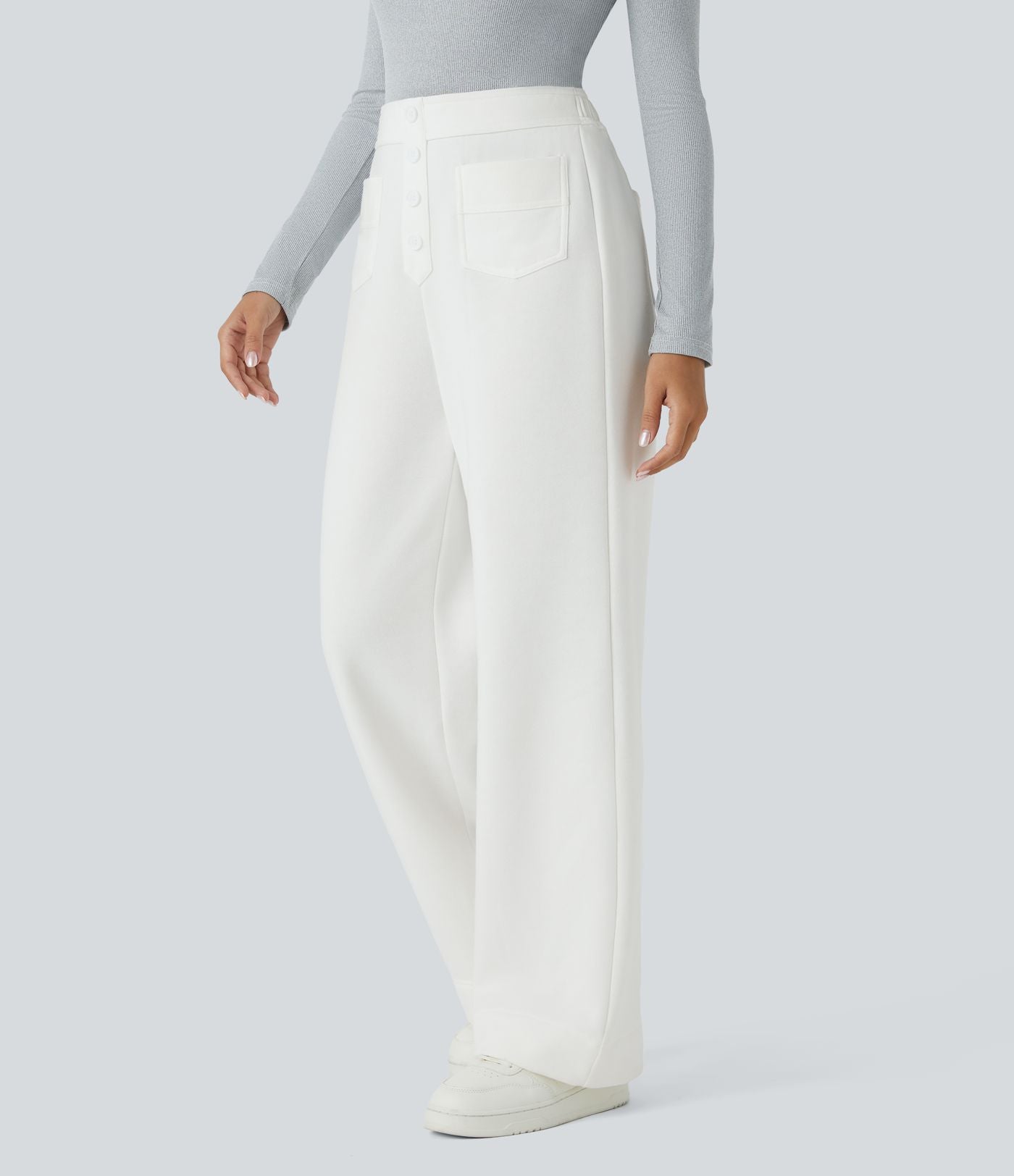 Pantalon Jogging en Fleece Thermique Jambe Droite Boutons Taille Haute Plusieurs Poches
