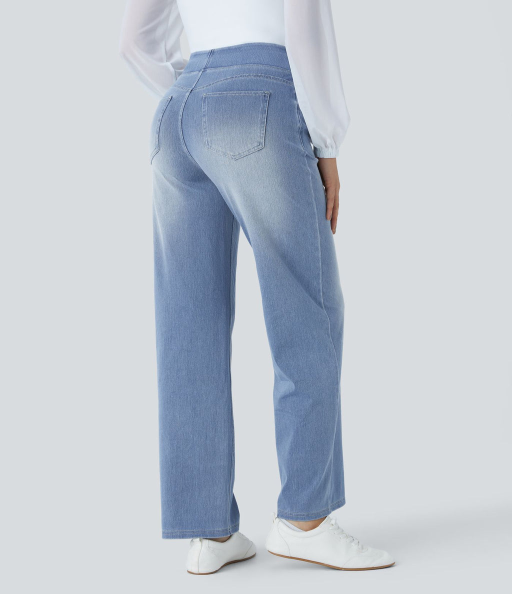 Jean décontracté Halara Flex™ taille haute, extensible, délavé, jambes droites avec poches multiples