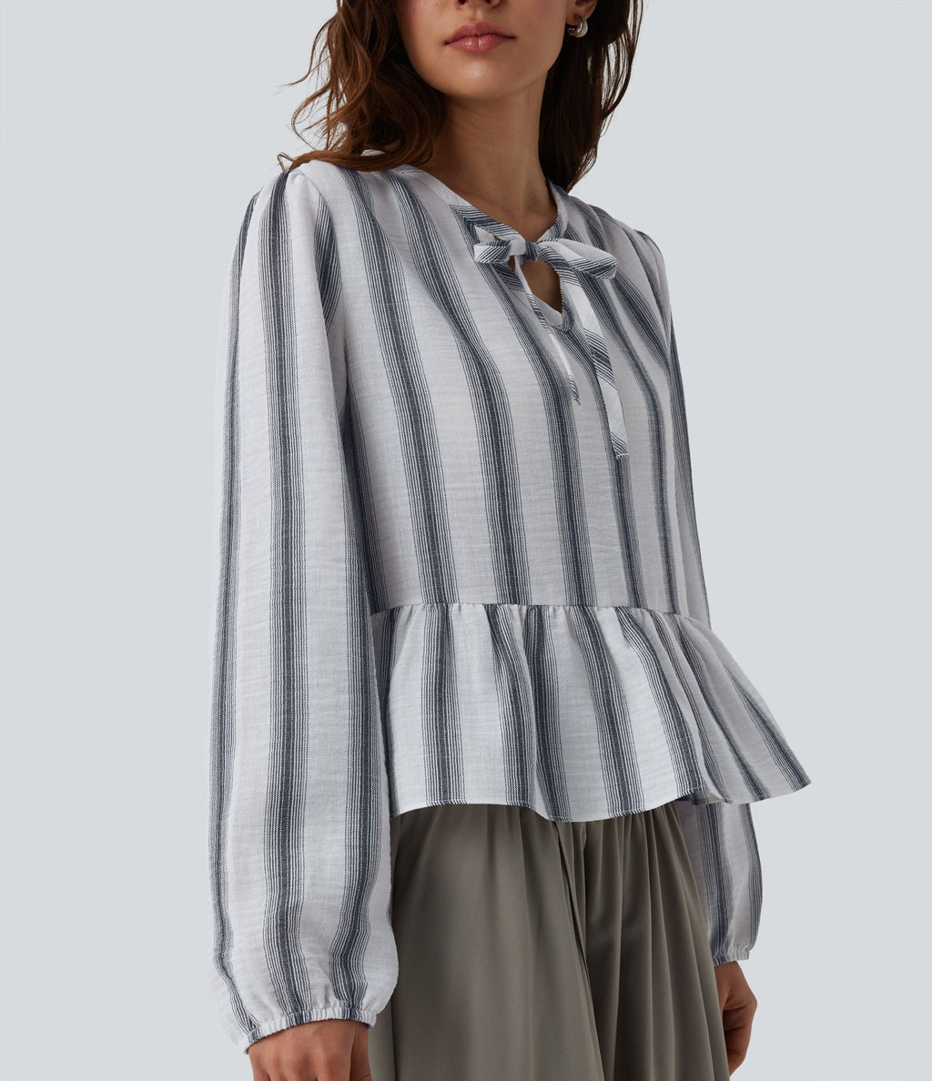 Blouse aspect lin à rayures manches longues ourlet à volants à nouer devant