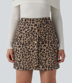 Jupe mini casual 2-en-1 léopard taille haute avec poche — Longueur allongée