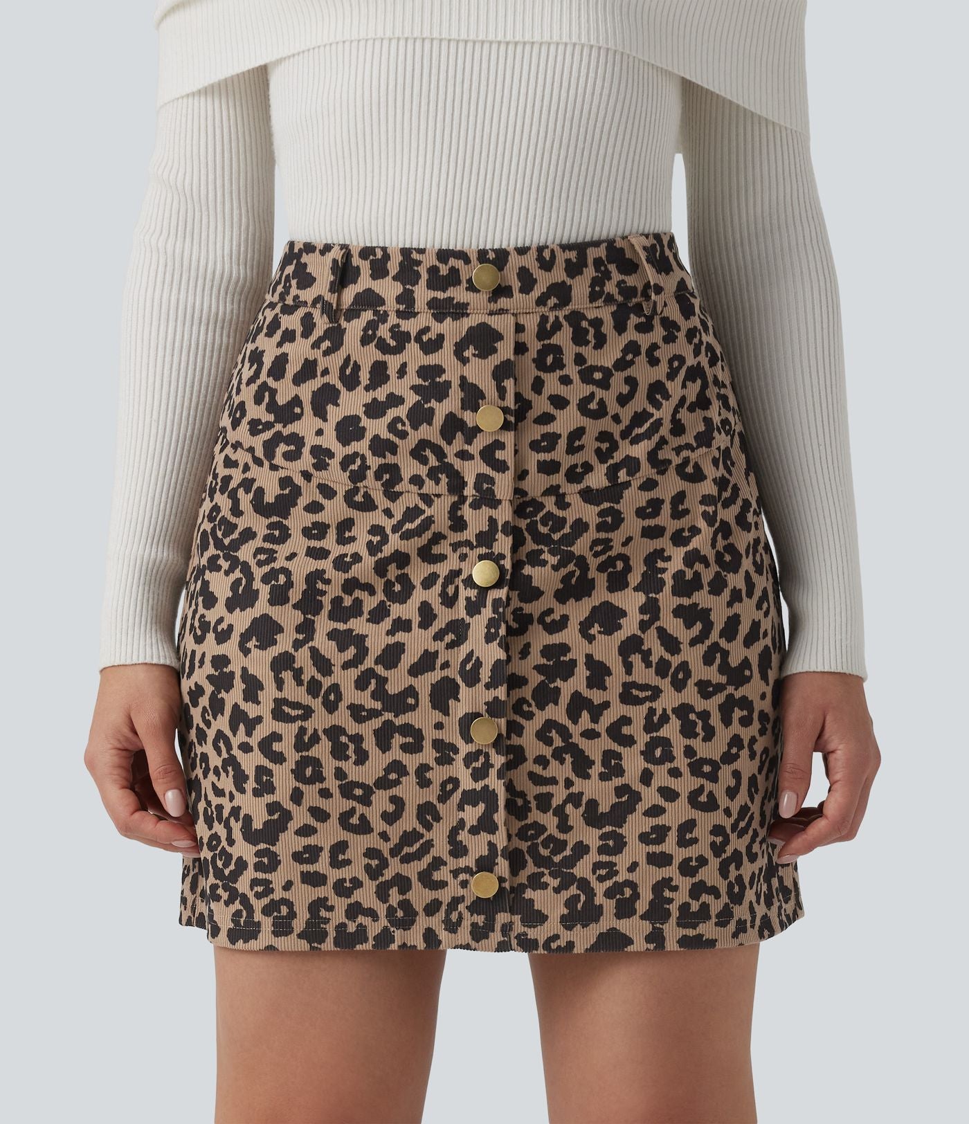Jupe mini casual 2-en-1 léopard taille haute avec poche — Longueur allongée
