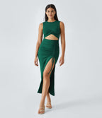 Robe Midi Casual Moulante  Ourlet Fendu Col Rond Découpes Torsadées Froncée Cordon Serrage