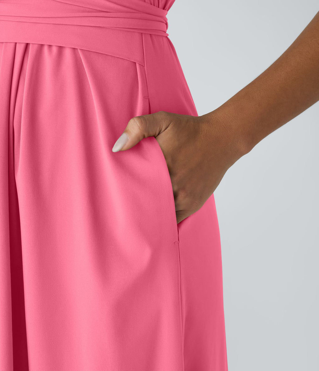 Breezeful™ Robe Mi-Longue Col en V Manches Courtes Poche Latérale Nouée au Dos Séchage Rapide