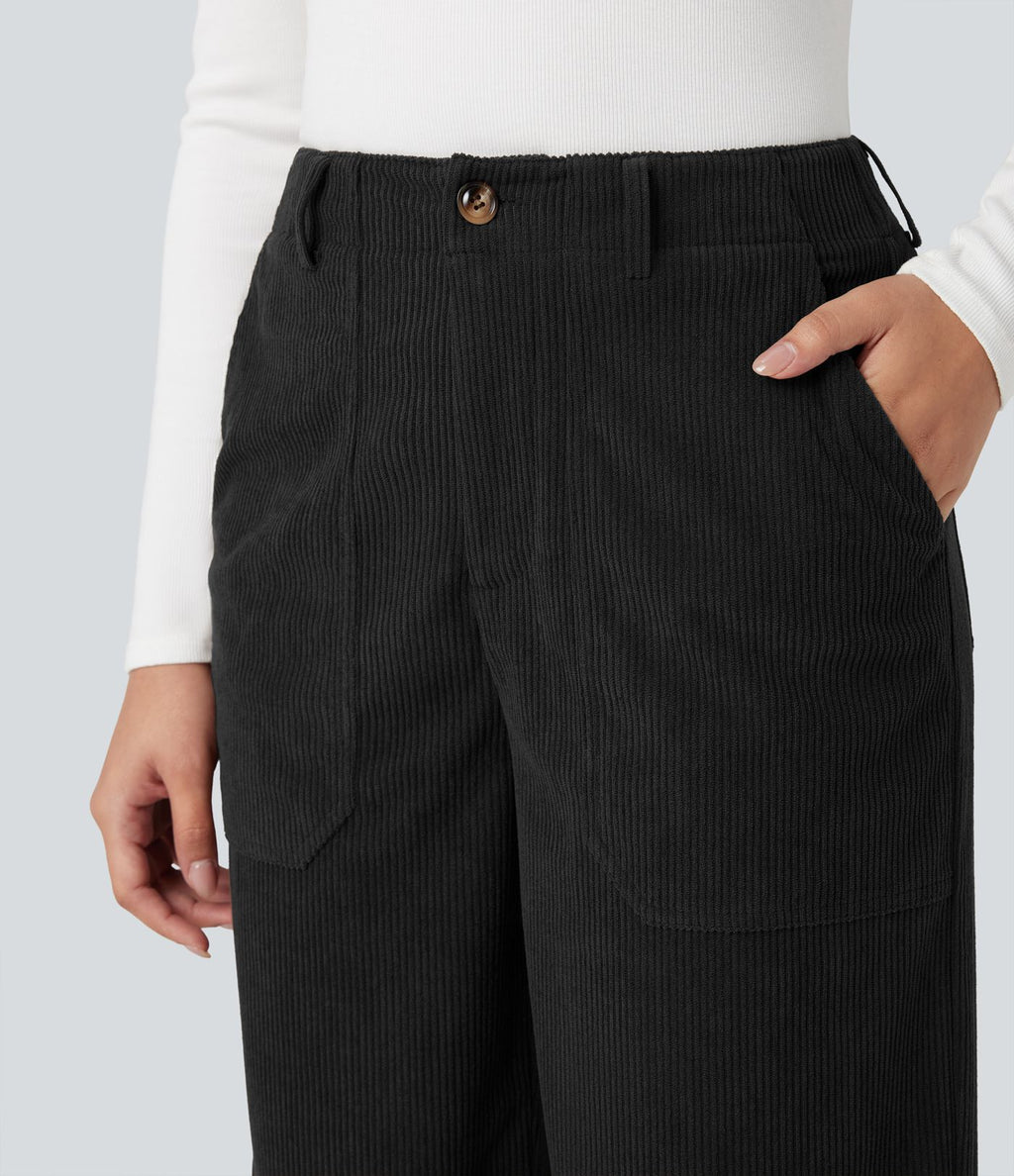 Pantalon décontracté large en velours côtelé, taille haute, avec poches