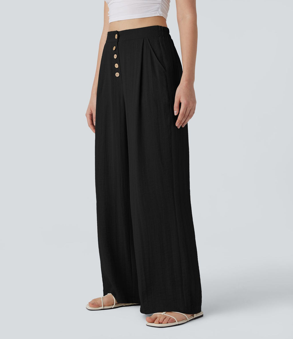 Pantalon large et fluide aspect lin taille haute, boutonné avec poches