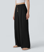 Pantalon large et fluide aspect lin taille haute, boutonné avec poches