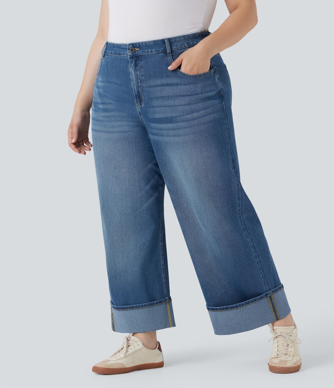 Jean casual grande taille Halara Flex™ tricot extensible délavé taille haute jambe large ourlet roulotté avec poches