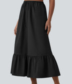 Jupe casual mi-longue évasée en popeline stretch taille haute avec cordon de serrage, ourlet volanté et poches