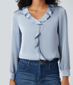 Chemise décontractée en satin col V manches longues à finitions volants