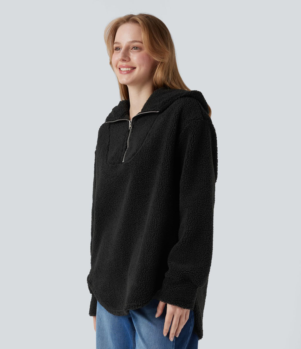 Sweat-shirt sherpa oversize à capuche et demi-zip avec ourlet arrondi et poches