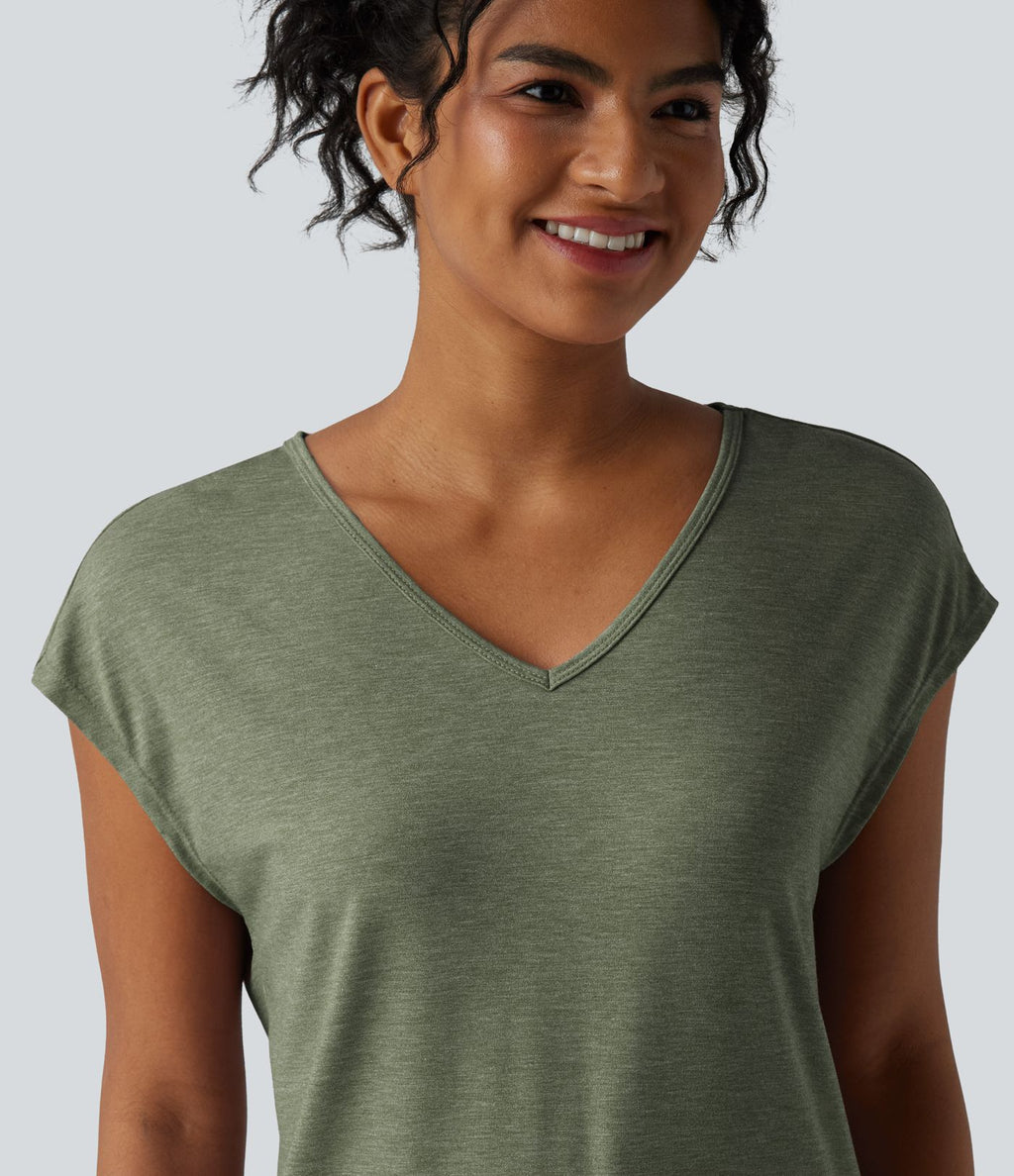 T-shirt décontracté chiné ample à manches courtes et col V