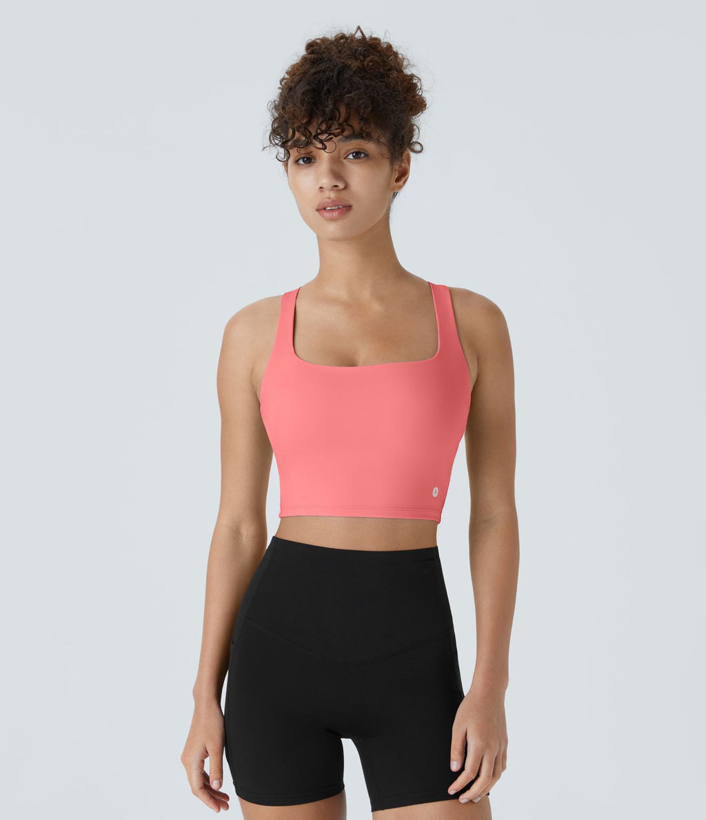 Débardeur yoga court SoftlyZero™ Airy col carré dos nu bretelles croisées effet frais InstantCool, bonnets A-C, protection solaire UPF50+