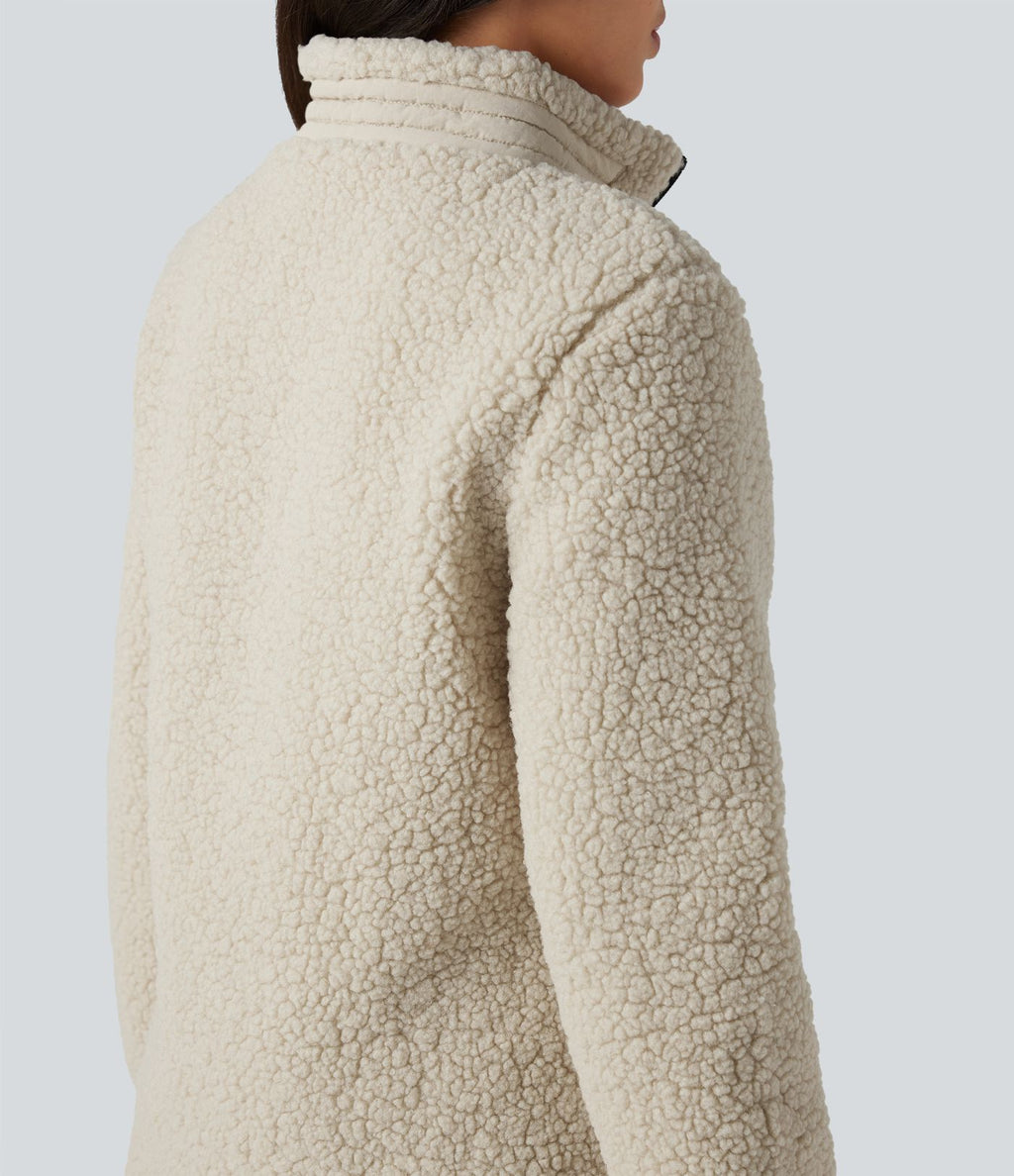 Veste teddy randonnée col montant décontractée avec fermeture éclair et poches