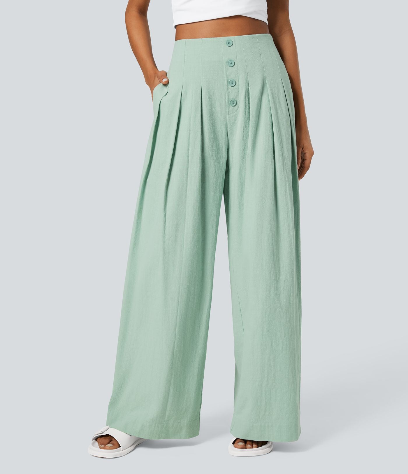 Pantalon Large Casual en Coton à l'Aspect Lin Taille Haute et Poches Latérales Boutonnées