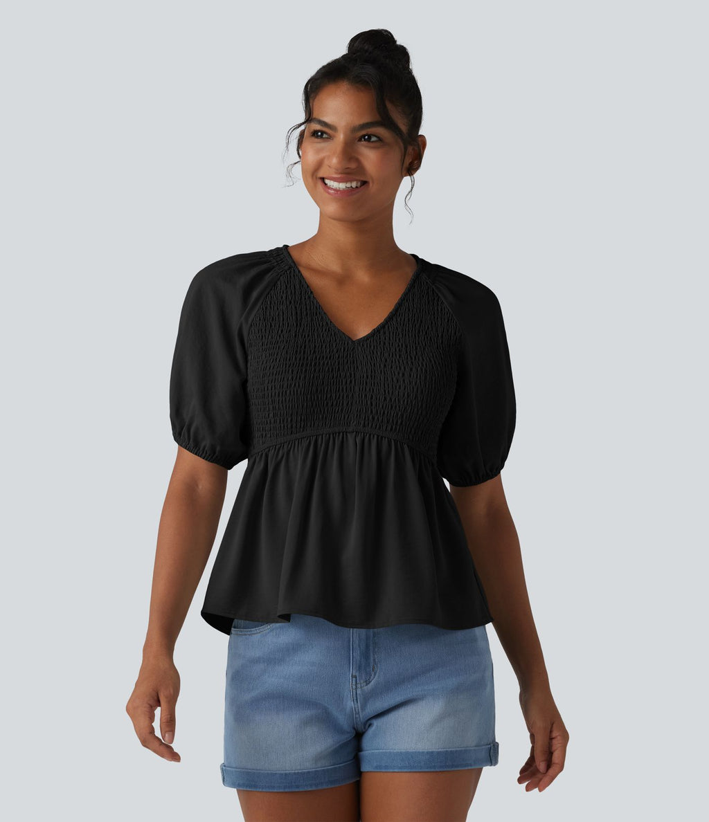 Blouse décontractée col V manches courtes bouffantes avec fronces
