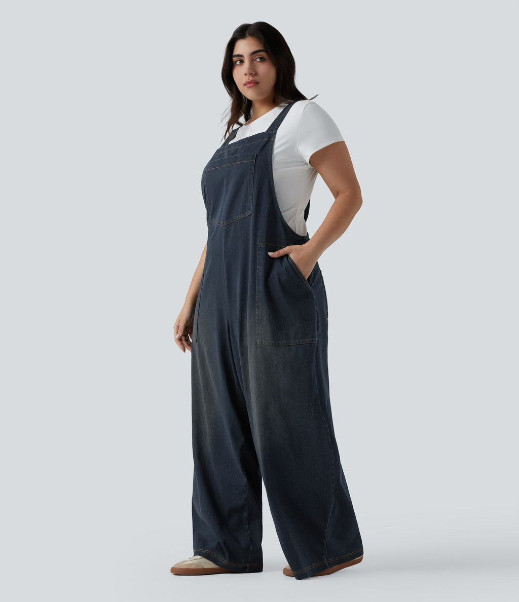 Grande taille Halara Flex™ Salopette casual en jean délavé col carré avec poches