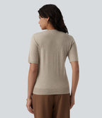 Pull tailleur ajusté col rond manches courtes mélange soie-laine