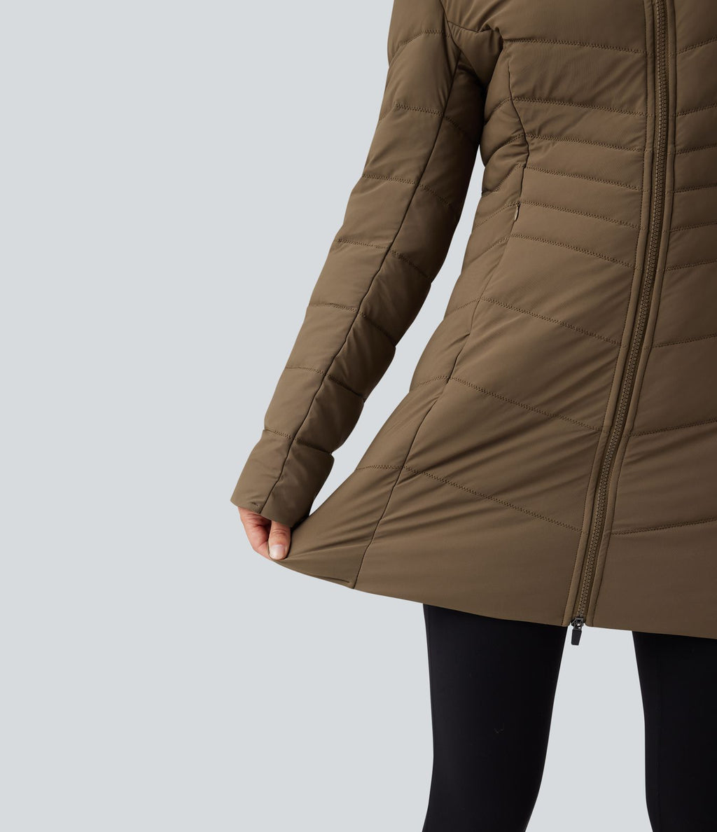 Doudoune longue extensible PuffFlex à capuche avec poches