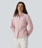 Chemise décontractée manches longues ourlet arrondi avec poche